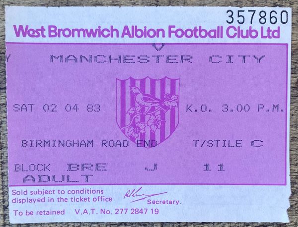 1982/83 ORIGINAL DIVISION ONE TICKET WEST BROMWICH ALBION V MANCHESTER CITY