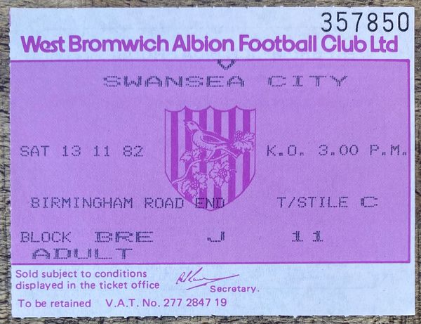 1982/83 ORIGINAL DIVISION ONE TICKET WEST BROMWICH ALBION V SWANSEA CITY