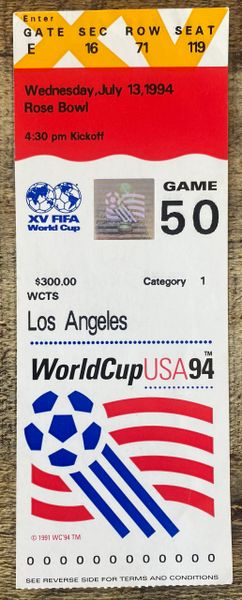 1994 ORIGINAL WORLD CUP SEMI FINAL TICKET BRAZIL V SWEDEN @ ROSE BOWL LOS ANGELES
