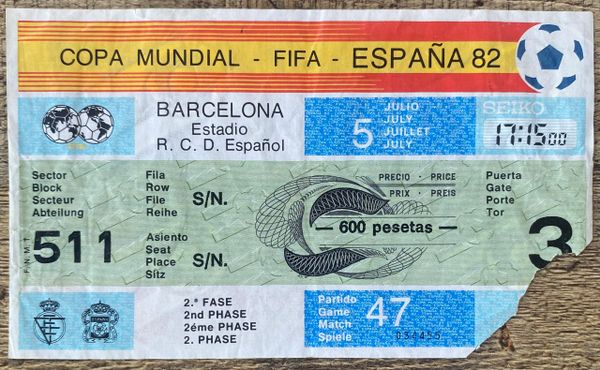 1982 ORIGINAL WORLD CUP TICKET ITALY V BRAZIL @ESTADIO R.C.D ESPANOL, BARCELONA