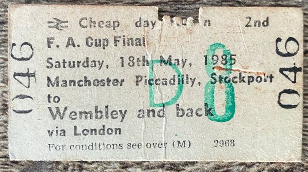 1985 ORIGINAL BRITISH RAIL FOOTBALL SPECIAL TRAIN TICKET MANCHESTER UNITED TRAVELLING TO FA CUP FINAL V EVERTON @ WEMBLEY