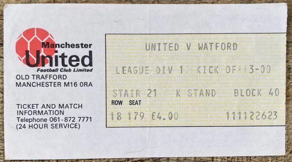 1984/85 ORIGINAL DIVISION ONE TICKET MANCHESTER UNITED V WATFORD