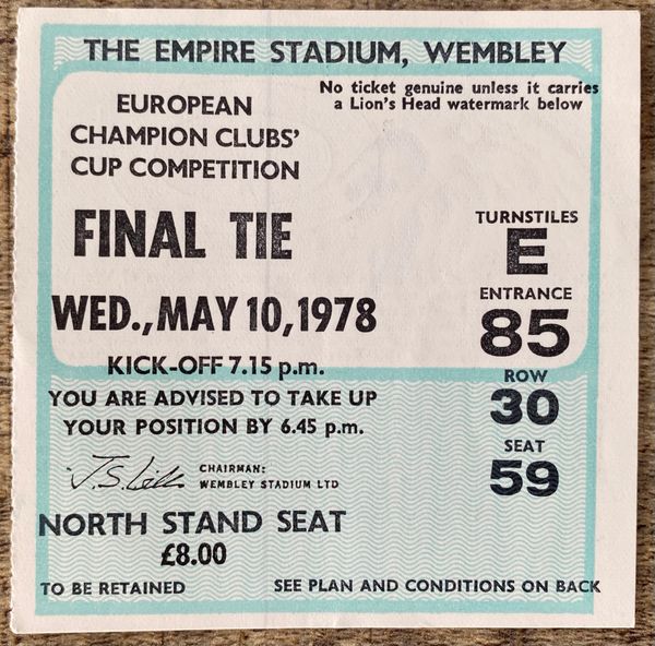 1978 ORIGINAL EUROPEAN CUP FINAL TICKET FC BRUGES V LIVERPOOL E85 30 59