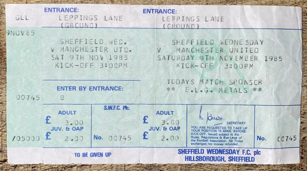 1985/86 ORIGINAL DIVISION ONE UNUSED TICKET SHEFFIELD WEDNESDAY V MANCHESTER UNITED (VISITORS END)