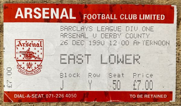 1990/91 ORIGINAL DIVISION ONE TICKET ARSENAL V DERBY COUNTY