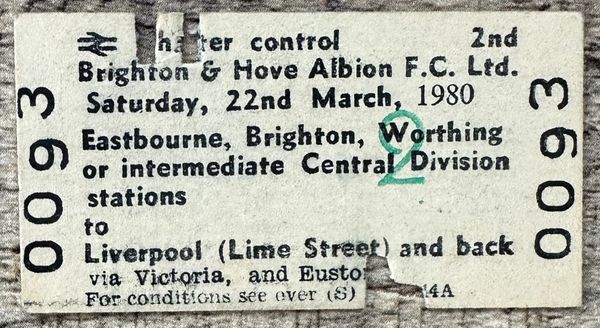 1979/80 ORIGINAL BRITISH RAIL FOOTBALL SPECIAL TICKET DIVISION ONE BRIGHTON AND HOVE ALBION AT LIVERPOOL