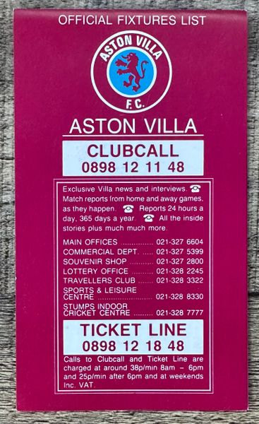 1990/91 ORIGINAL DIVISION 1 ASTON VILLA FIXTURE LIST.