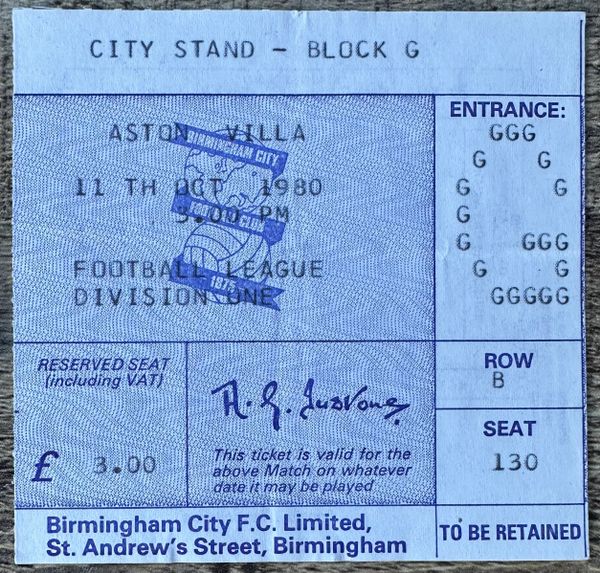 1980/81 ORIGINAL DIVISION ONE TICKET BIRMINGHAM CITY V ASTON VILLA