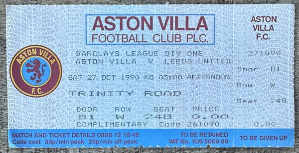 1990/91 ORIGINAL DIVISION ONE UNUSED TICKET ASTON VILLA V LEEDS UNITED