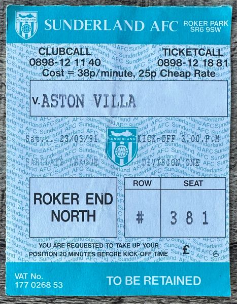 1990/91 ORIGINAL DIVISION ONE TICKET SUNDERLAND V ASTON VILLA (VISITORS TICKET)