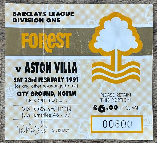 1990/91 ORIGINAL DIVISION ONE TICKET NOTTINGHAM FOREST V ASTON VILLA (VISITORS TICKET)