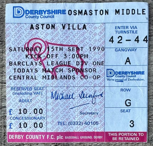 1990/91 ORIGINAL DIVISION ONE TICKET DERBY COUNTY V ASTON VILLA (VISITORS TICKET)