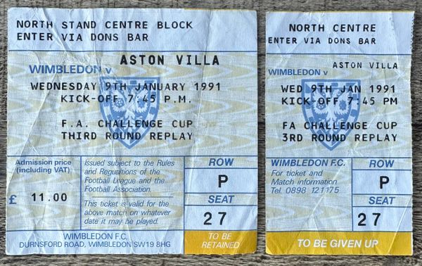 1990/91 ORIGINAL FA CUP 3RD ROUND REPLAY TICKET WIMBLEDON V ASTON VILLA