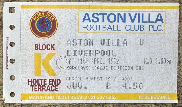 1991/92 ORIGINAL DIVISION 1 TICKET ASTON VILLA V LIVERPOOL