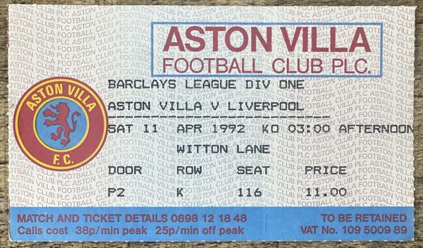 1991/92 ORIGINAL DIVISION 1 TICKET ASTON VILLA V LIVERPOOL