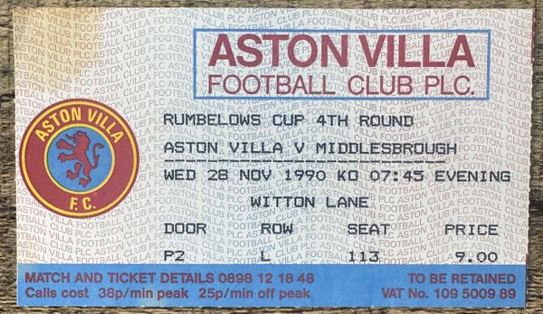 1990/91 ORIGINAL RUMBELOWS CUP 4TH ROUND TICKET ASTON VILLA V MIDDLESBROUGH