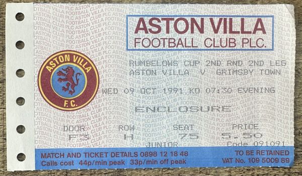 1991/92 ORIGINAL RUMBELOWS CUP 2ND ROUND 2ND LEG TICKET ASTON VILLA V GRIMSBY TOWN