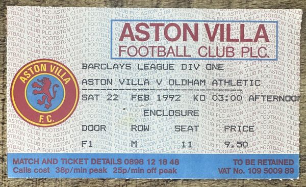 1991/92 ORIGINAL DIVISION 1 TICKET ASTON VILLA V OLDHAM ATHLETIC