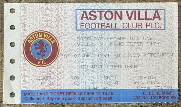 1991/92 ORIGINAL DIVISION 1 TICKET ASTON VILLA V MANCHESTER CITY