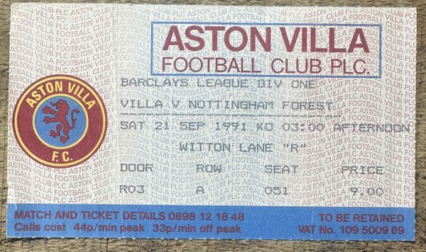 1991/92 ORIGINAL DIVISION 1 TICKET ASTON VILLA V NOTTINGHAM FOREST