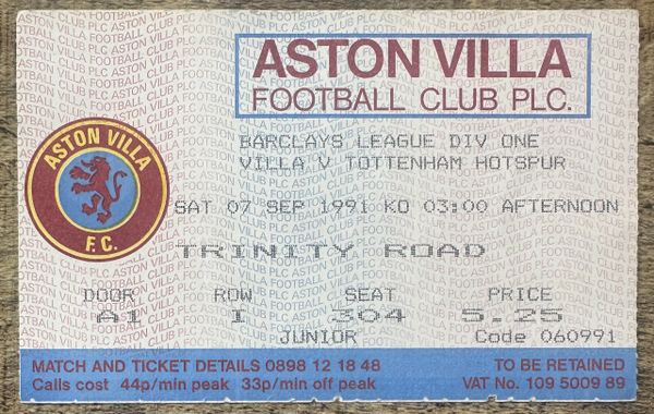 1991/92 ORIGINAL DIVISION 1 TICKET ASTON VILLA V TOTTENHAM HOTSPUR