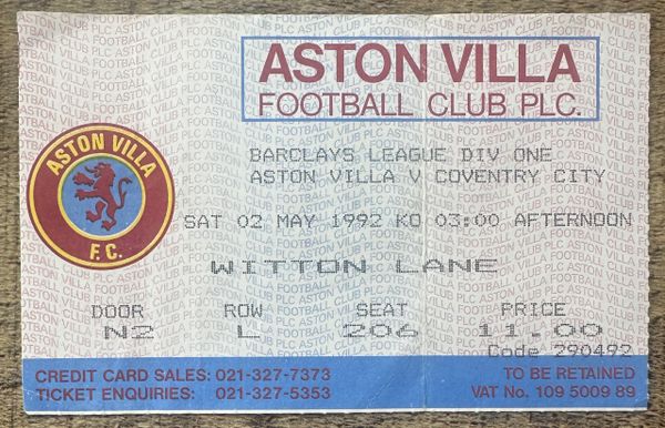 1991/92 ORIGINAL DIVISION 1 TICKET ASTON VILLA V COVENTRY CITY