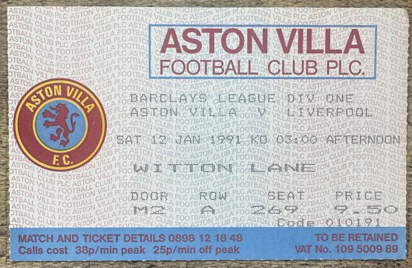 1990/91 ORIGINAL DIVISION 1 TICKET ASTON VILLA V LIVERPOOL