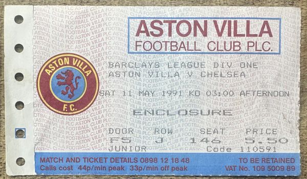 1990/91 ORIGINAL DIVISION 1 TICKET ASTON VILLA V CHELSEA