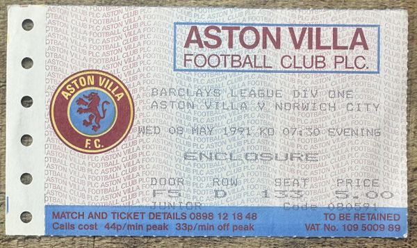 1990/91 ORIGINAL DIVISION 1 TICKET ASTON VILLA V NORWICH CITY