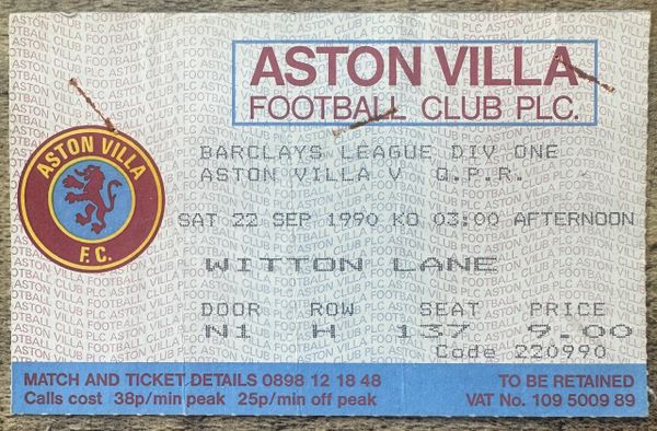 1990/91 ORIGINAL DIVISION 1 TICKET ASTON VILLA V QUEENS PARK RANGERS