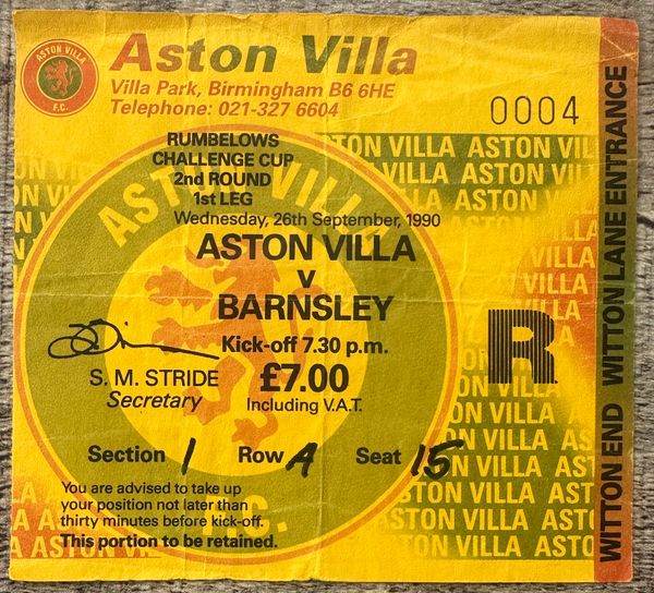 1990/91 ORIGINAL RUMBELOWS CUP 2ND ROUND 1ST LEG TICKET ASTON VILLA V BARNSLEY (VISITORS END)