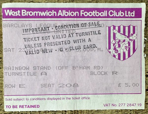 1987/88 ORIGINAL DIVISION TWO TICKET WEST BROMWICH ALBION V LEEDS UNITED (LEEDS UTD ALLOCATION)