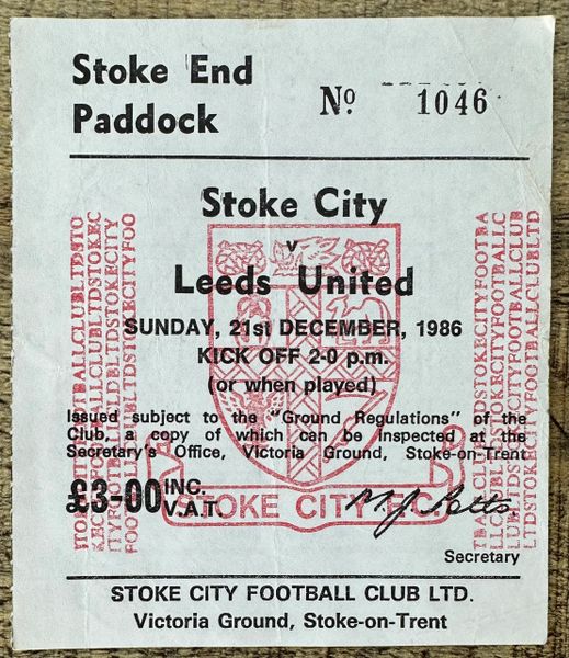 1986/87 ORIGINAL DIVISION TWO TICKET STOKE CITY V LEEDS UNITED (LEEDS ALLOCATION)