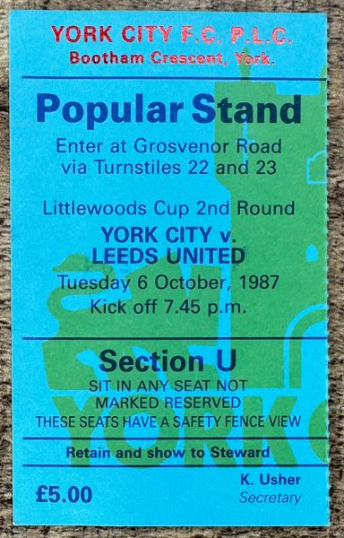 1987/88 ORIGINAL LITTLEWOODS CUP 2ND ROUND 2ND LEG TICKET YORK CITY V LEEDS UNITED (LEEDS ALLOCATION)