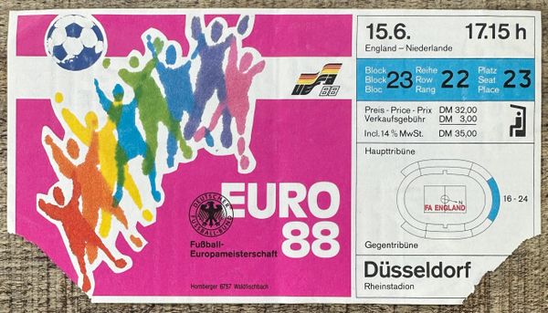 1988 ORIGINAL EURO 88 1ST ROUND TICKET NETHERLANDS V ENGLAND @DUSSELDORF