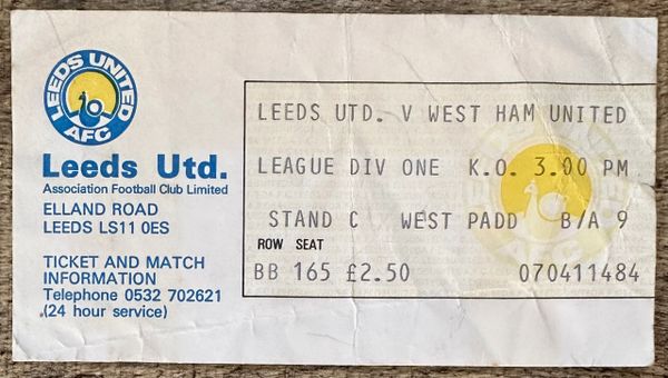 1977/78 ORIGINAL DIVISION ONE TICKET LEEDS UNITED V WEST HAM UNITED