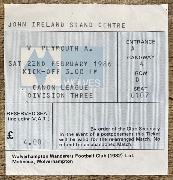 1985/86 ORIGINAL DIVISION THREE TICKET WOLVERHAMPTON WANDERERS V PLYMOUTH ARGYLE