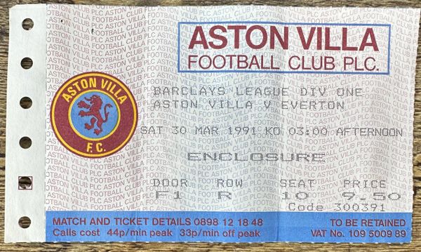 1990/91 ORIGINAL DIVISION 1 TICKET ASTON VILLA V EVERTON