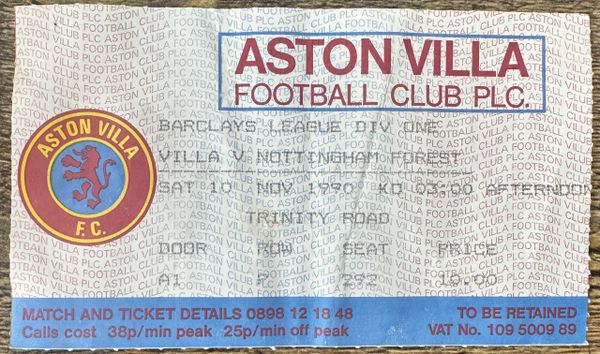 1990/91 ORIGINAL DIVISION 1 TICKET ASTON VILLA V NOTTINGHAM FOREST