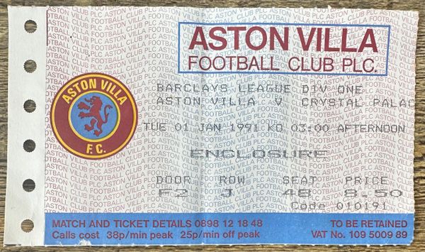 1990/91 ORIGINAL DIVISION 1 TICKET ASTON VILLA V CRYSTAL PALACE