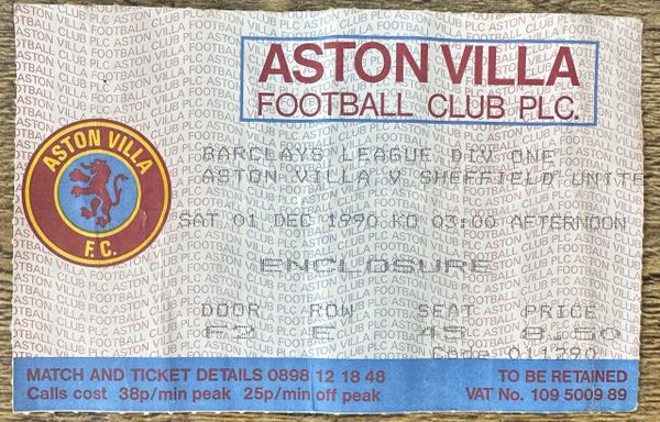 1990/91 ORIGINAL DIVISION 1 TICKET ASTON VILLA V SHEFFIELD UNITED