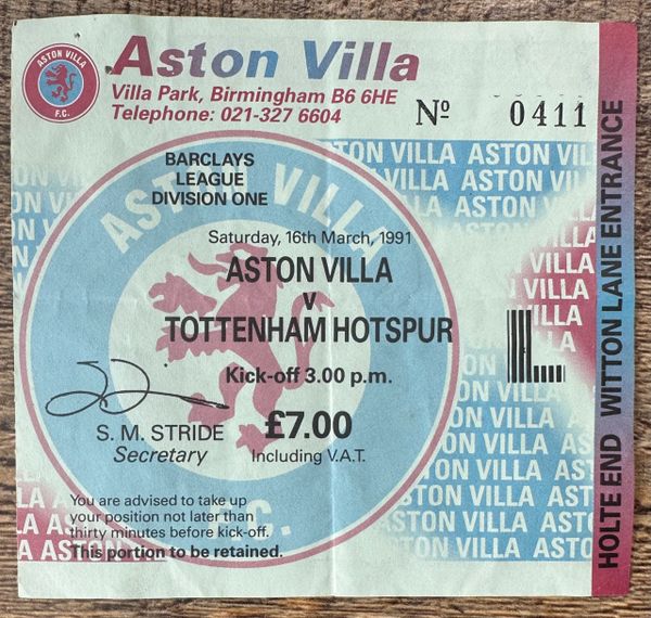 1990/91 ORIGINAL DIVISION 1 TICKET ASTON VILLA V TOTTENHAM HOTSPUR