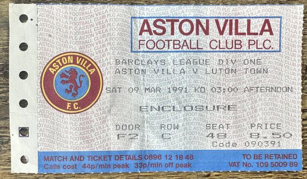 1990/91 ORIGINAL DIVISION 1 TICKET ASTON VILLA V LUTON TOWN