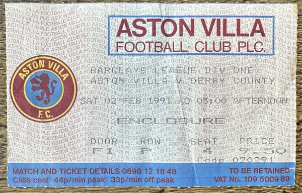 1990/91 ORIGINAL DIVISION 1 TICKET ASTON VILLA V DERBY COUNTY