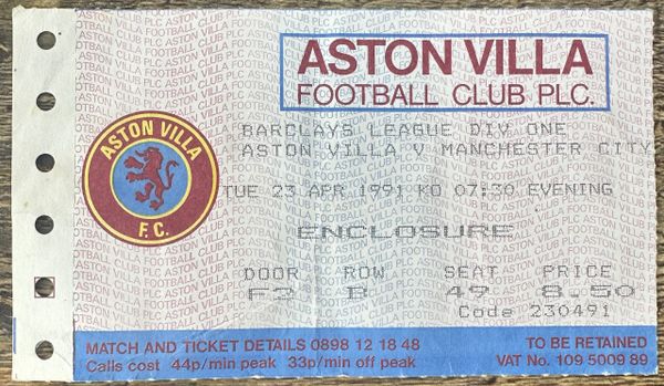 1990/91 ORIGINAL DIVISION 1 TICKET ASTON VILLA V MANCHESTER CITY