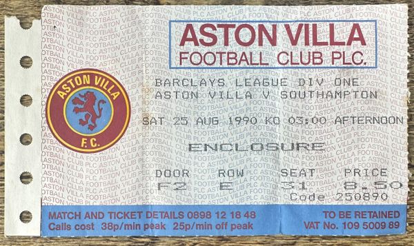 1990/91 ORIGINAL DIVISION 1 TICKET ASTON VILLA V SOUTHAMPTON