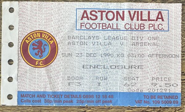 1990/91 ORIGINAL DIVISION 1 TICKET ASTON VILLA V ARSENAL