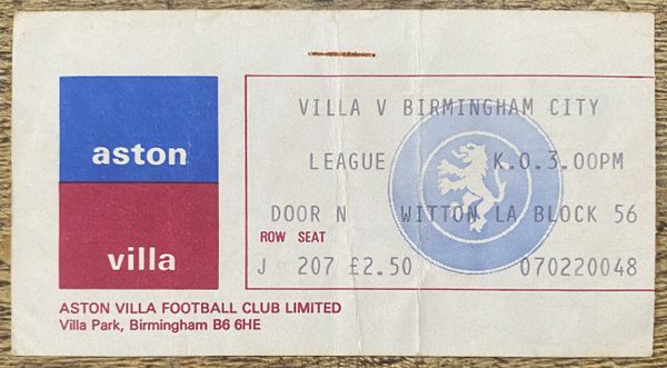 1978/79 ORIGINAL DIVISION 1 TICKET ASTON VILLA V BIRMINGHAM CITY