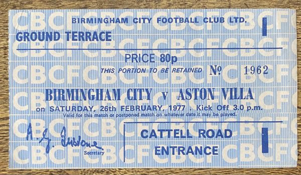 1976/77 ORIGINAL DIVISION 1 TICKET BIRMINGHAM CITY V ASTON VILLA