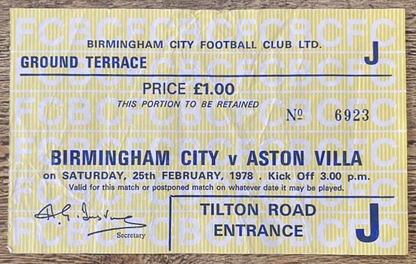 1977/78 ORIGINAL DIVISION 1 TICKET BIRMINGHAM CITY V ASTON VILLA